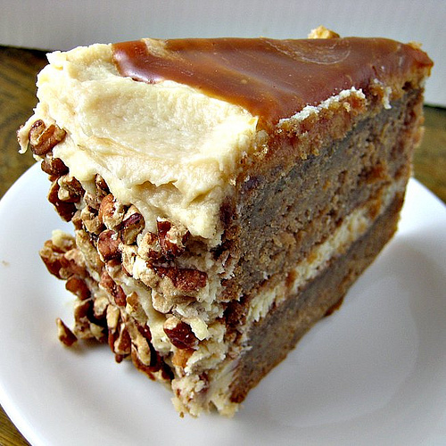 apple spice layer cake with caramel swirl icing