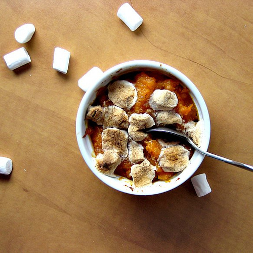 smashed sweet potatoes and butternut squash with five spice marshmallows