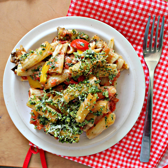 rigatoni with eggplant and pine nut crunch