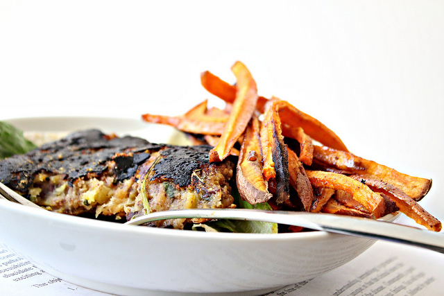 black bean and plantain burgers with honey lime chipotle sweet potato fries