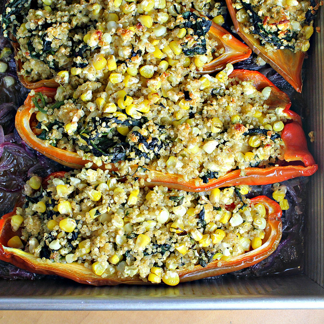 peppers stuffed with quinoa, corn and feta cheese