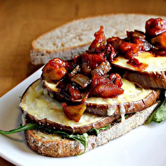 grilled eggplant subs with fontina and tomato jam