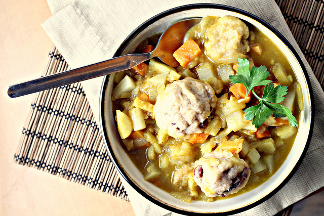 curried root vegetable stew with dumplings