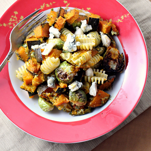 pasta with sage-walnut pesto, winter squash and brussels sprouts