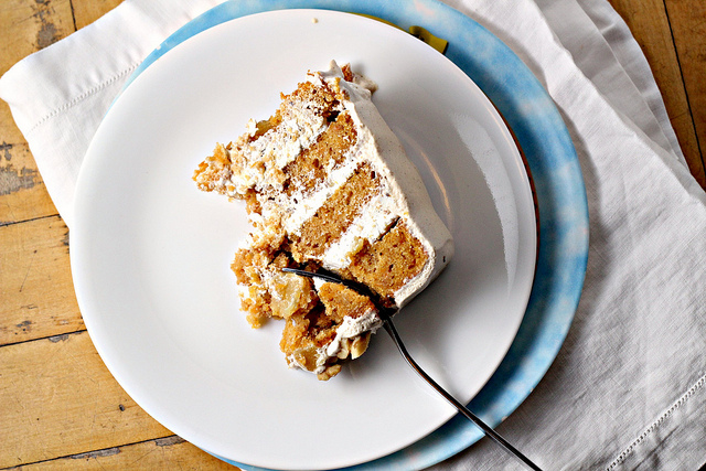 sweet potato and ginger layer cake with toasted marshmallow filling and brown sugar cinnamon swiss meringue buttercream