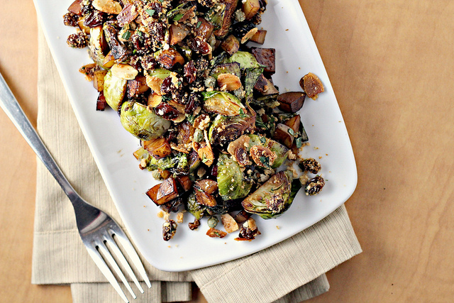 brussels sprouts and potatoes with almonds, raisins and capers