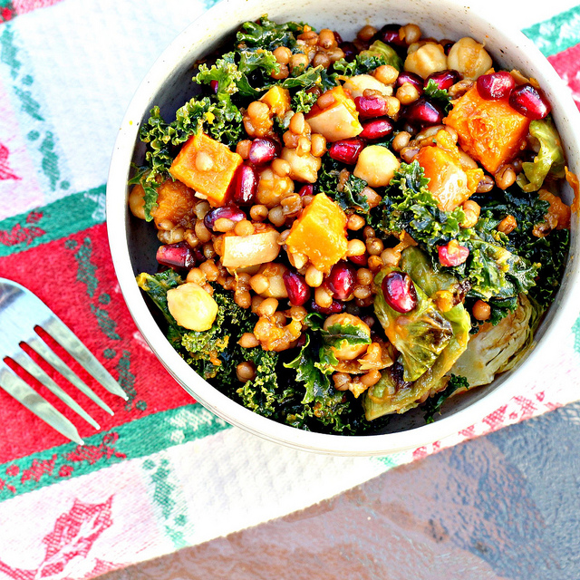 garlic roasted butternut squash and kale wheatberry salad with pomegranate