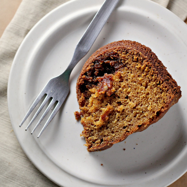 pumpkin cake with caramel pecan pie streusel