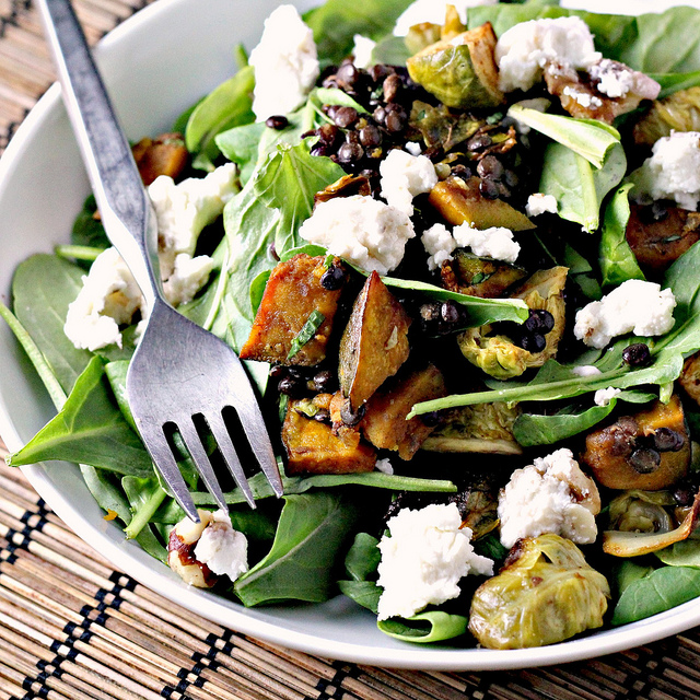 spicy squash salad with lentils, brussels sprouts and goat cheese