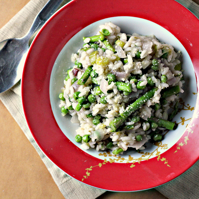 asparagus and green pea risotto with fresh herb tarka