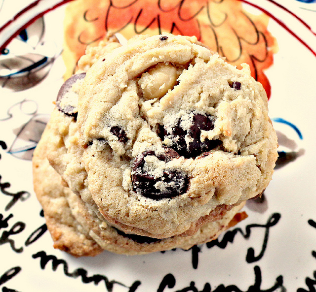 white and dark chocolate coconut macadamia cookies