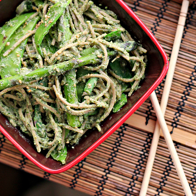 coriander and nori pesto soba with wok seared greens