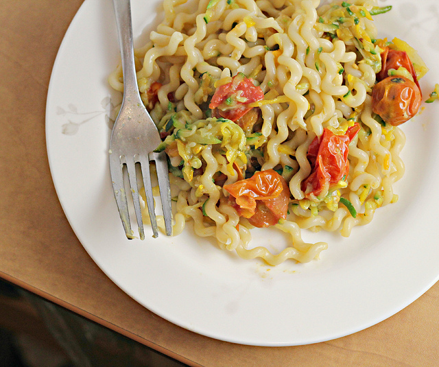 summer fusilli and zucchini with heirloom tomatoes