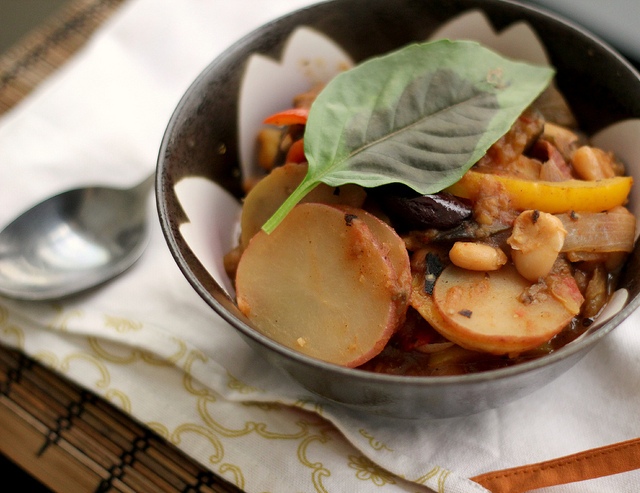 summer potatoes stewed with eggplant, peppers and olives