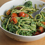 Creamy Spinach Spaghetti with Roasted Tomatoes
