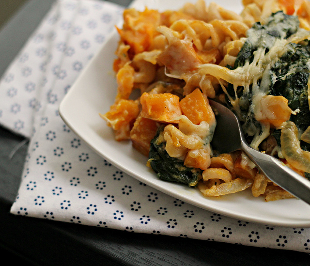 vegetarian bacon and butternut squash pasta with gruyere and kale