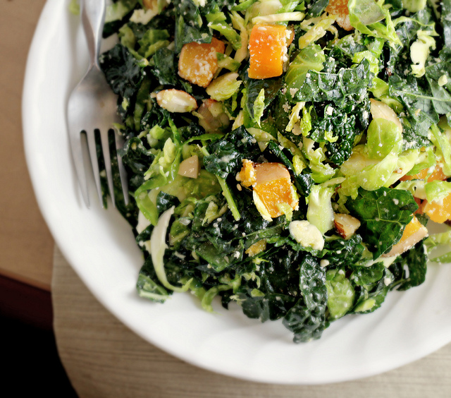 kale and brussels sprout salad with butternut squash