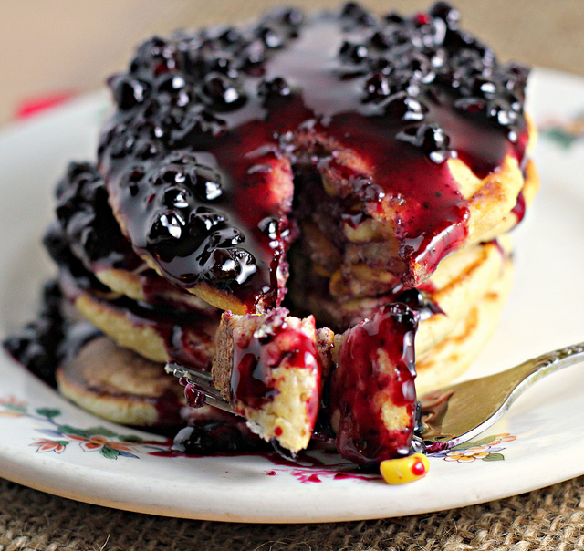 sweet corn pancakes with blueberry balsamic sauce