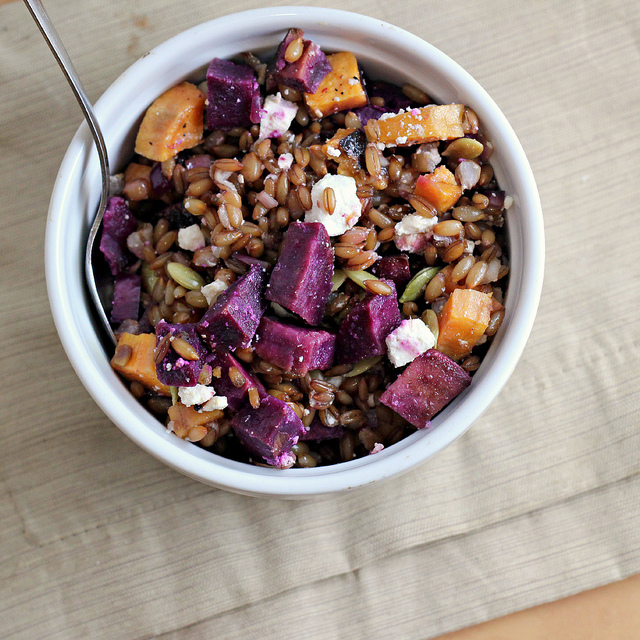 sweet potato salad with rye berries, pepitas and ricotta salata