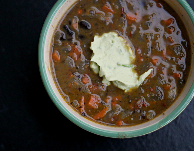 chipotle black bean soup with avocado cream