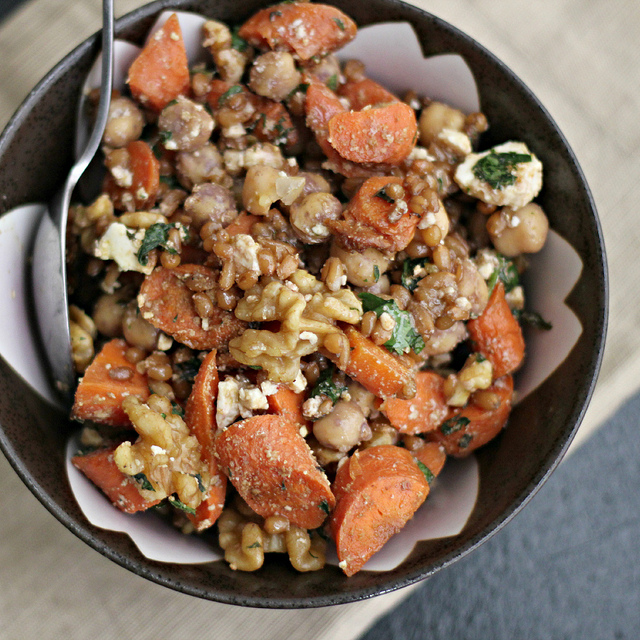 roasted carrot and chickpea wheat berry salad
