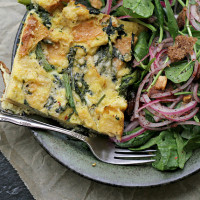parmesan bread pudding with broccoli rabe, baby spinach salad with dates and almonds