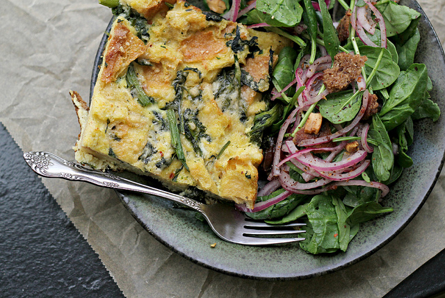 parmesan bread pudding with broccoli rabe, baby spinach salad with dates and almonds