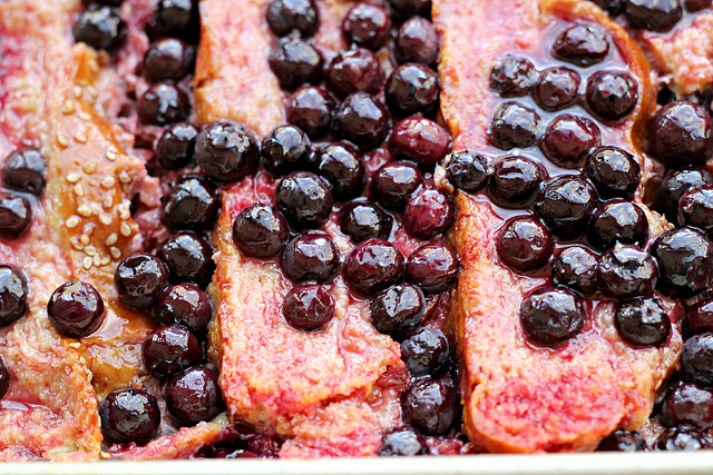 rhubarb, blueberry and ginger brioche bread pudding