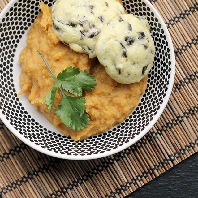 black olive gougeres and smoky red lentil dip