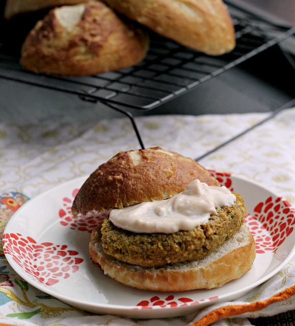 sweet potato chickpea quinoa burgers on homemade pretzel rolls