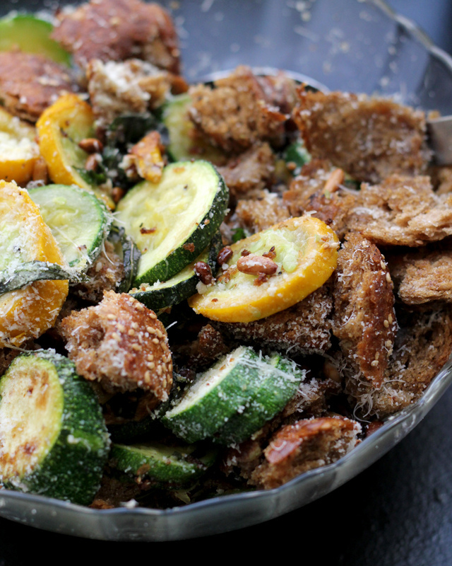 zucchini with basil, pine nuts and croutons