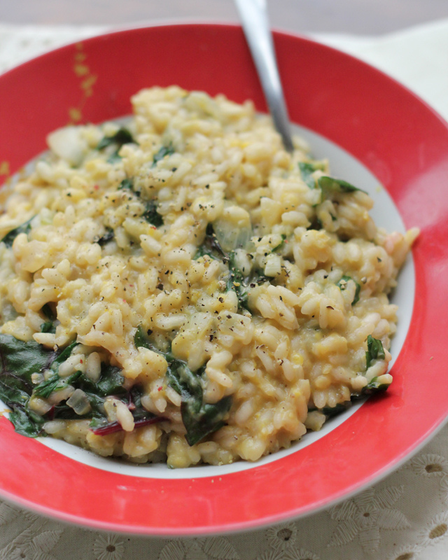 corn and caraway risotto with swiss chard