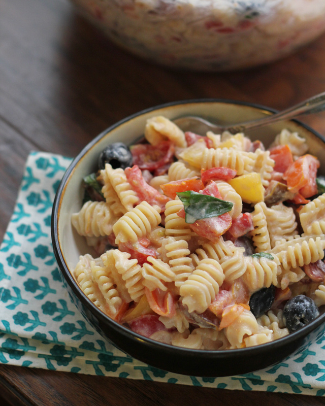 heirloom tomato pasta salad with ricotta salata cream sauce