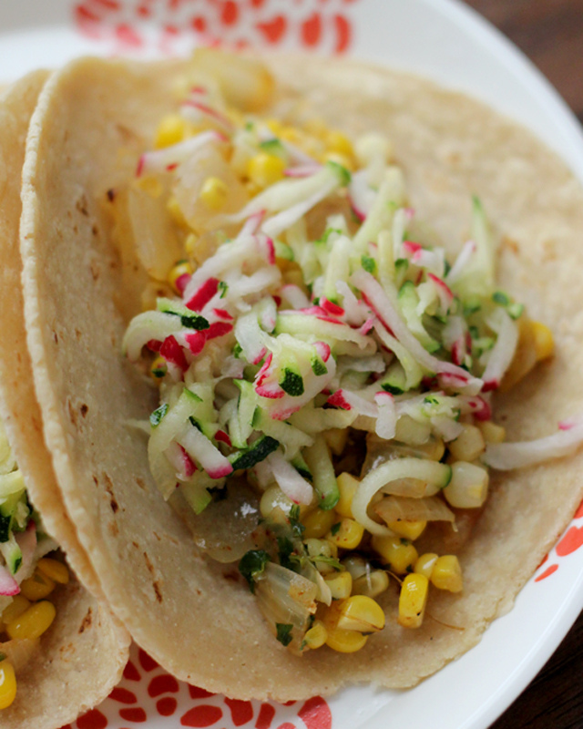 tacos with corn and zucchini-radish slaw