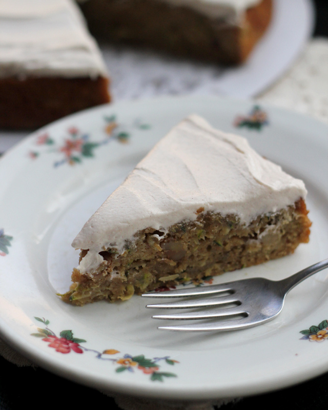 zucchini-walnut cake with cinnamon honey buttercream