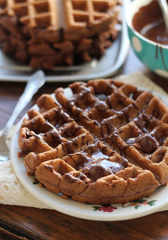 chocolate stout waffles with chocolate-peanut butter syrup