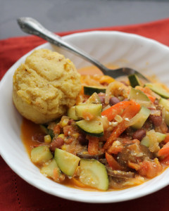 late summer vegetable stew with brown butter cornbread