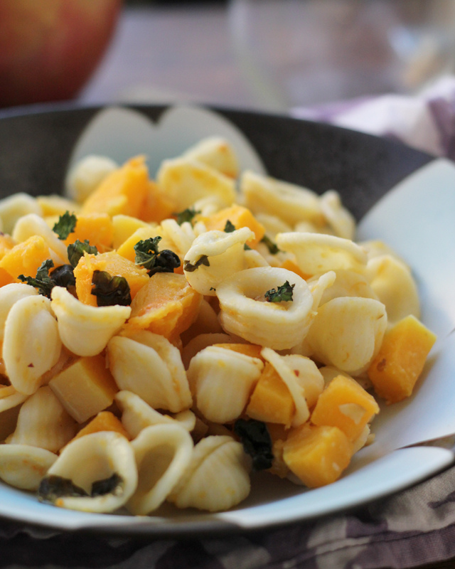 orecchiette with squash chiles and hazelnuts