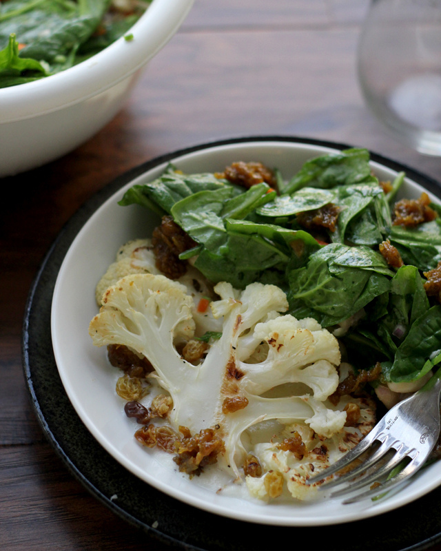 roasted cauliflower with white beans and curried raisin jam