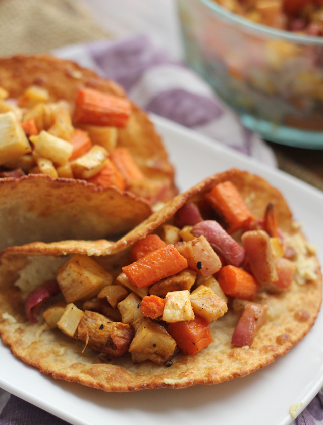 vegan puffy tacos with cumin-spiced hummus