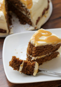maple-gingebread layer cake with salted maple caramel sauce