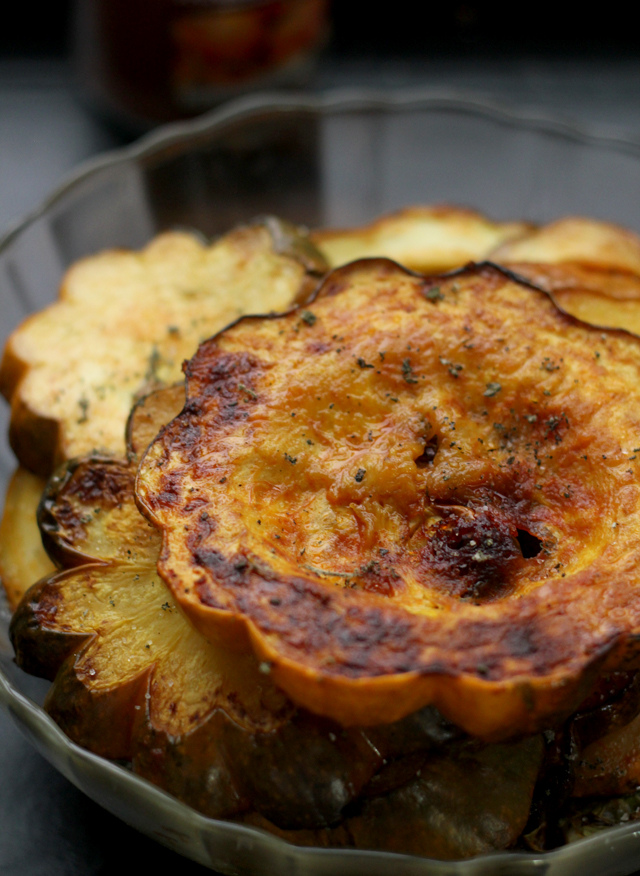 roasted acorn squash and brussels sprouts with honey, smoked paprika and sage salt from Eats Well With Others