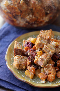 roasted root vegetable panzanella with roasted red pepper pomegranate vinaigrette from Eats Well With Others