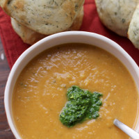 white bean and pumpkin bisque with sage pesto and dill rolls from Eats Well With Others