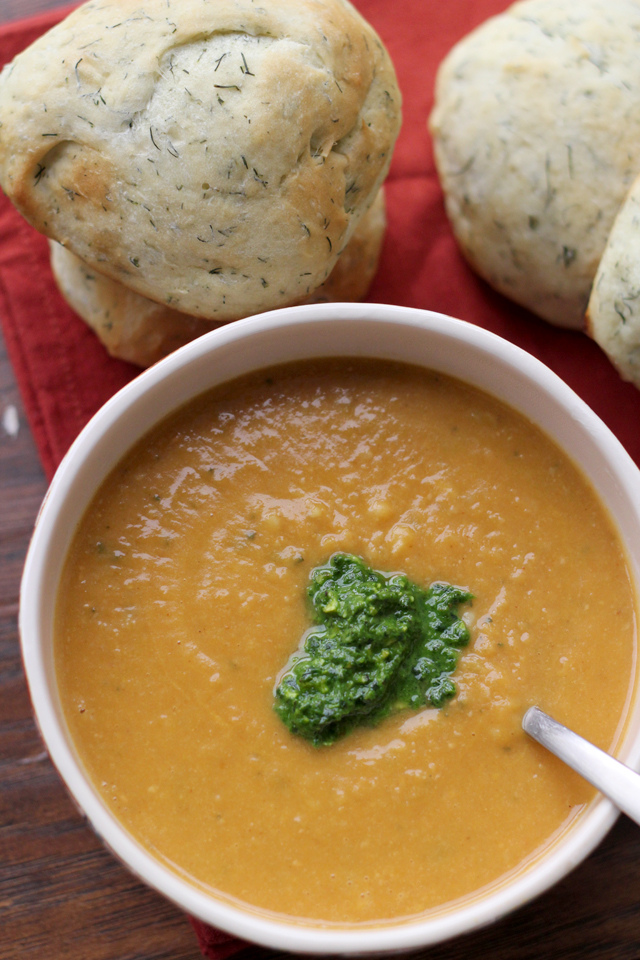 white bean and pumpkin bisque with sage pesto and dill rolls from Eats Well With Others 