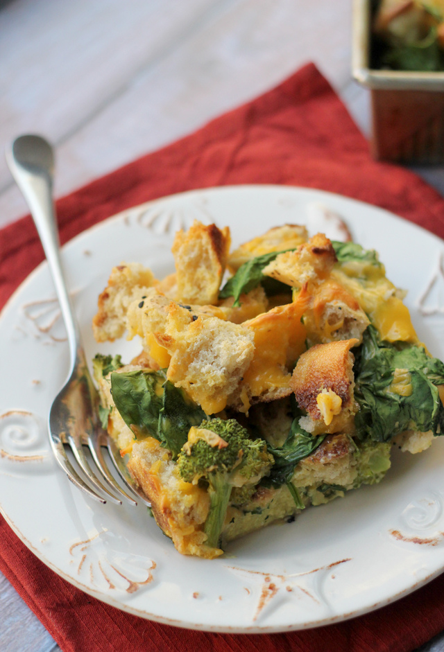 bagel, broccoli and spinach strata