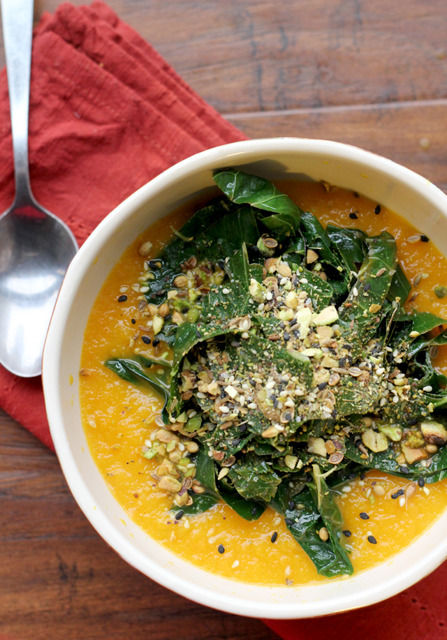 carrot soup with tangled collard greens and dukkah from Eats Well With Others