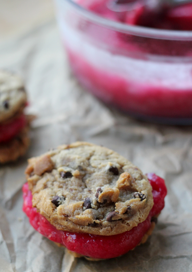 cranberry royale sorbet chocolate chip cookie sandwiches from Eats Well With Others