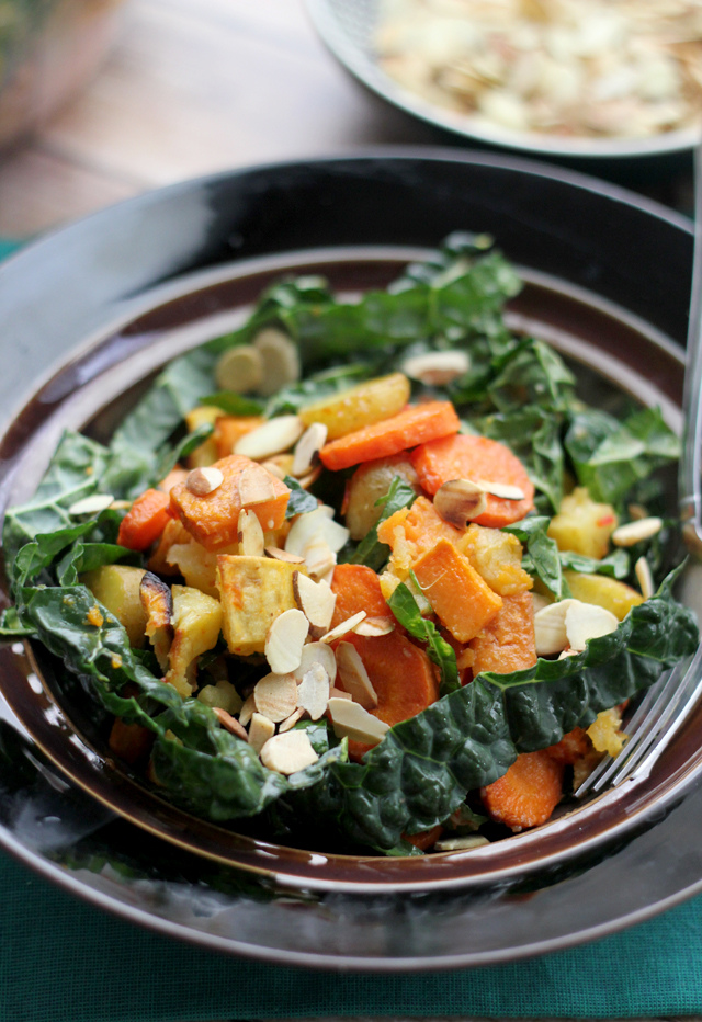 miso-harissa roasted carrot, squash and two-potato salad