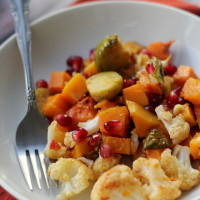 roasted butternut squash, brussels sprout and cauliflower salad with sriracha vinaigrette